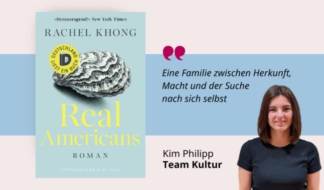 Medientipp Mai, Buchcover Real Americans (Grafik: Canva, Stadtbücherei Heidelberg) Grafik mit Buchcover, Teasertext und Bild der Person, die den Medientipp abgibt