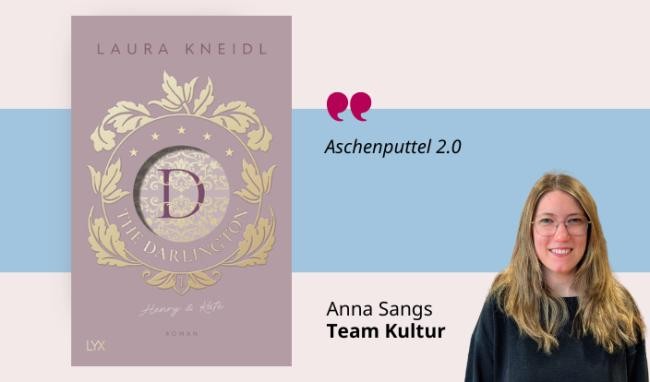 Medientipp Mai, Buchcover The Darlington (Grafik: Canva, Stadtbücherei Heidelberg) Grafik mit Buchcover, Teasertext und Bild der Person, die den Medientipp abgibt