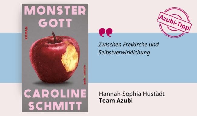 Medientipp Cover Monstergott (Grafik: Canva, Stadtbücherei Heidelberg) Grafik mit Buchcover, Teasertext und Bild der Person, die den Medientipp abgibt