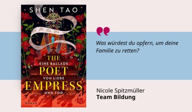 Medientipp Cover The Poet Empress (Grafik: Canva, Stadtbücherei Heidelberg) Grafik mit Buchcover, Teasertext und Bild der Person, die den Medientipp abgibt
