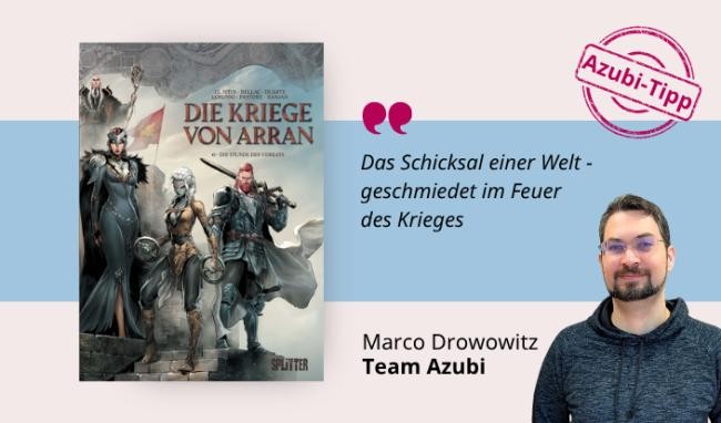 Medientipp Cover Kriege von Arran (Grafik: Canva, Stadtbücherei Heidelberg) Grafik mit Buchcover, Teasertext und Bild der Person, die den Medientipp abgibt