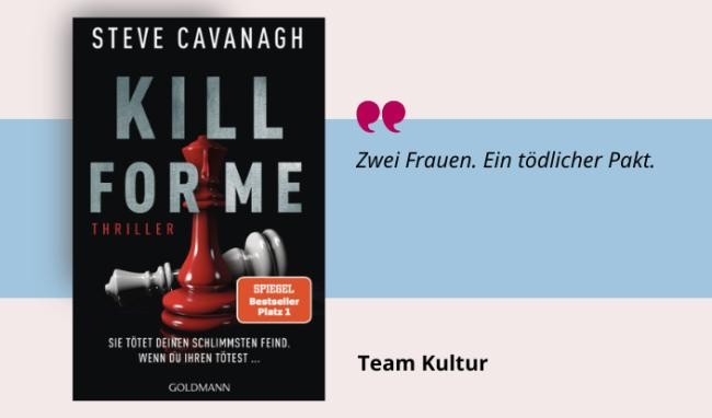 Medientipp Juli Buchcover Kill for me (Grafik: Canva, Stadtbücherei Heidelberg) Grafik mit Buchcover, Teasertext und Bild der Person, die den Medientipp abgibt