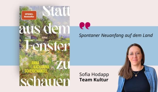 Medientipp Juli Buchcover Statt aus dem Fenster zu schauen (Grafik: Canva, Stadtbücherei Heidelberg) Grafik mit Buchcover, Teasertext und Bild der Person, die den Medientipp abgibt