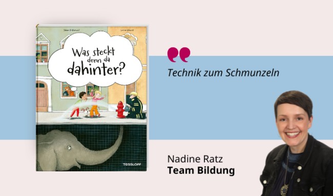 Medientipp Juli Buchcover Sabine Rothmund: Was steckt denn da dahinter? (Grafik: Canva, Stadtbücherei Heidelberg) Grafik mit Buchcover, Teasertext und Bild der Person, die den Medientipp abgibt