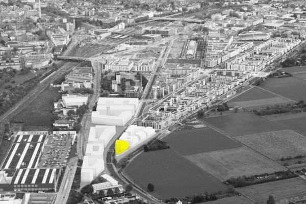 Zukünftiger Standort des Gebäudes am westlichen Ende der Bahnstadt (Foto: Muslimische Akademie). Zukünftiger Standort des Gebäudes am westlichen Ende der Bahnstadt (Foto: Muslimische Akademie).