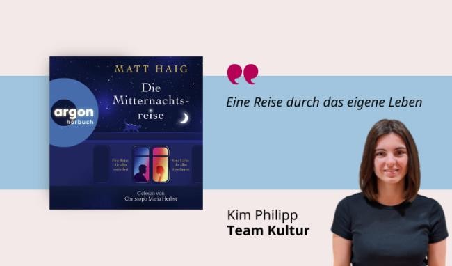 Medientipp Juli Buchcover Matt Haig: Die Mitternachtsreise (Grafik: Canva, Stadtbücherei Heidelberg) Grafik mit Buchcover, Teasertext und Bild der Person, die den Medientipp abgibt