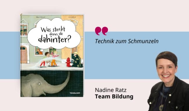 Medientipp Juli Buchcover Sabine Rothmund: Was steckt denn da dahinter? (Grafik: Canva, Stadtbücherei Heidelberg) Grafik mit Buchcover, Teasertext und Bild der Person, die den Medientipp abgibt
