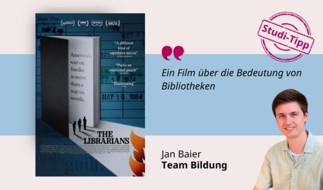 Medientipp Juli Buchcover The Librarians (Grafik: Canva, Stadtbücherei Heidelberg) Grafik mit Buchcover, Teasertext und Bild der Person, die den Medientipp abgibt