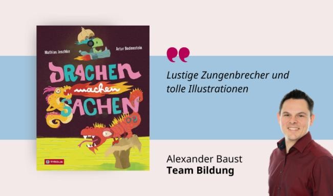 Medientipp Juni, Buchcover, Drachen machen Sachen (Grafik: Canva, Stadtbücherei Heidelberg)ei doch nicht besteuert Grafik mit Buchcover, Teasertext und Bild der Person, die den Medientipp abgibt