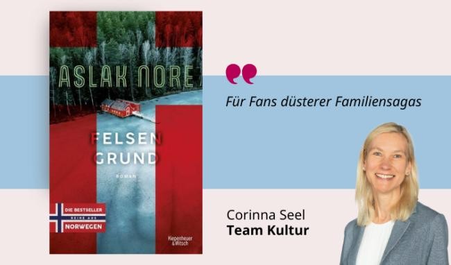 Medientipp Juni, Buchcover Felsengrund (Grafik: Canva, Stadtbücherei Heidelberg) Grafik mit Buchcover, Teasertext und Bild der Person, die den Medientipp abgibt