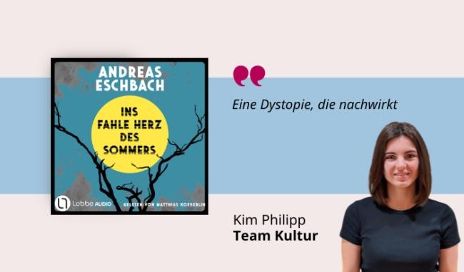 Medientipp Juni, Buchcover Ins fahle Herz des Sommers (Grafik: Canva, Stadtbücherei Heidelberg)ei doch nicht besteuert Grafik mit Buchcover, Teasertext und Bild der Person, die den Medientipp abgibt