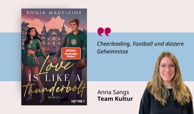 Medientipp Juni, Buchcover Love is like a thunderbolt (Grafik: Canva, Stadtbücherei Heidelberg)ei doch nicht besteuert Grafik mit Buchcover, Teasertext und Bild der Person, die den Medientipp abgibt