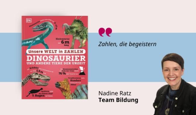 Medientipp Mai, Buchcover Dinosaurier (Grafik: Canva, Stadtbücherei Heidelberg) Grafik mit Buchcover, Teasertext und Bild der Person, die den Medientipp abgibt