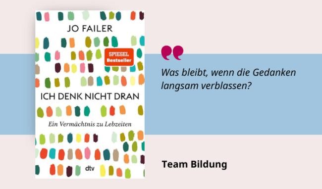 Medientipp Mai, Buchcover Ich denk nicht dran (Grafik: Canva, Stadtbücherei Heidelberg) Grafik mit Buchcover, Teasertext und Bild der Person, die den Medientipp abgibt