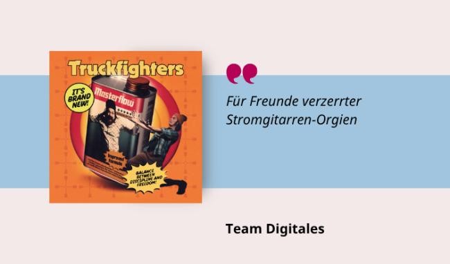 Medientipp Cover Truckfighters (Grafik: Canva, Stadtbücherei Heidelberg) Grafik mit Buchcover, Teasertext und Bild der Person, die den Medientipp abgibt