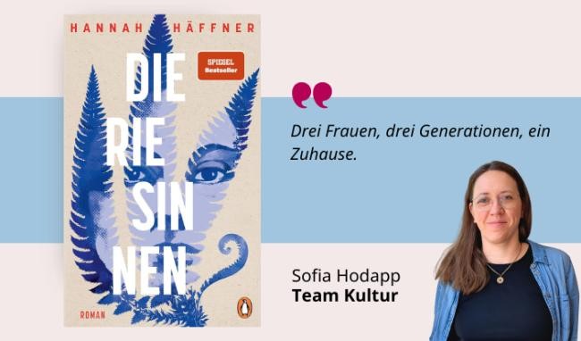 Medientipp Cover Die Riesinnen (Grafik: Canva, Stadtbücherei Heidelberg) Grafik mit Buchcover, Teasertext und Bild der Person, die den Medientipp abgibt
