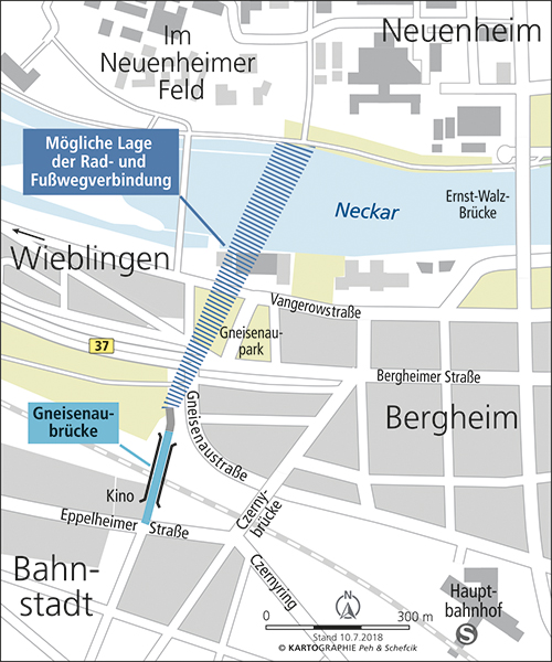 Die neue Gneisenaubrücke und die Rad- und Fußwegverbindung über den Neckar sind wichtige Bestandteile einer neuen Fahrradhauptachse zwischen dem Heidelberger Süden und dem Neuenheimer Feld. (Grafik: Stadt Heidelberg, Peh & Schefcik)