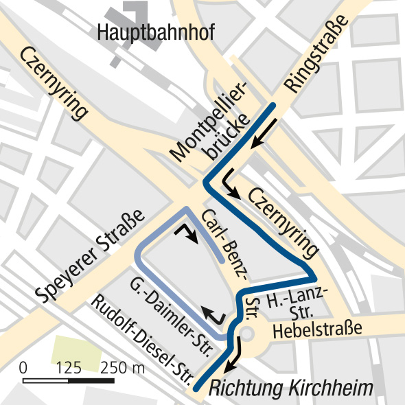 Linksabbiegen von der Montpellierbrücke Richtung Kirchheim künftig über Czernyring (Foto: Kartographie Peh & Schefcik) Linksabbiegen von der Montpellierbrücke Richtung Kirchheim künftig über Czernyring (Foto: Kartographie Peh & Schefcik)