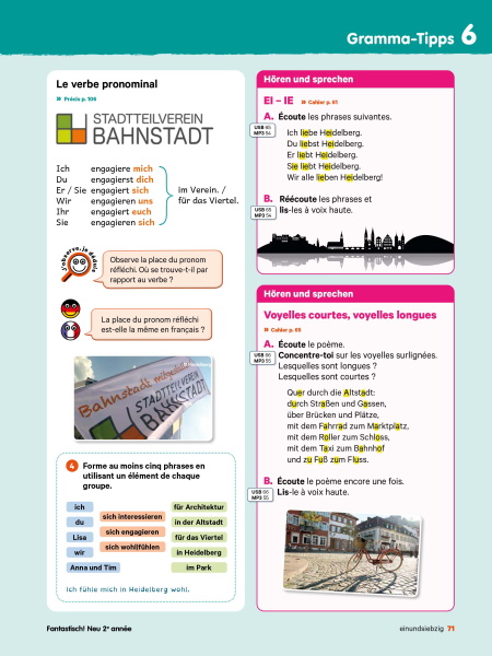 Eine blaue Seite mit Pinken und weißen Kästen in denen die deutsche Grammatik anhand von Beispielen erklärt wird.